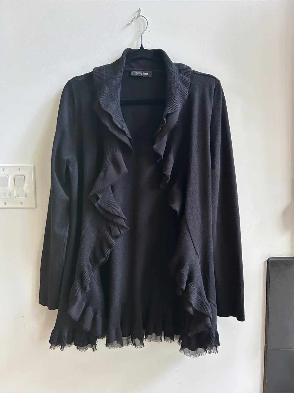 WHITE HOUSE BLACK MARKET Black Ruffle-Trim Silk Cardigan | Size Med